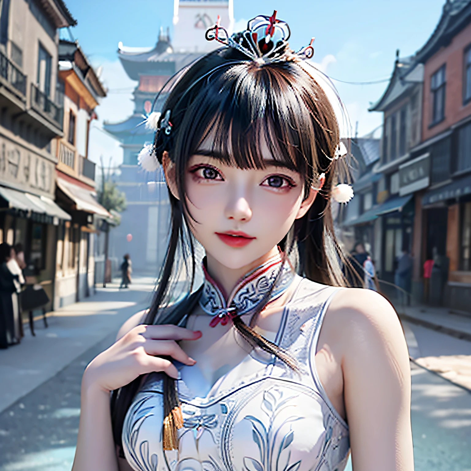 There was a woman in a blue dress，Wear a tie, Palace ， A girl in Hanfu, a beautiful fantasy empress, gorgeous chinese models, Chinese style, Guviz-style artwork, cute elegant pose, ((a beautiful fantasy empress)), Chinese girl, Cheongsam, style of wlop, trending on cgstation, author：Fan Qi(PureErosFace_V1: 0.5), (Ulzzang-6500: 0.5), Masterpiece, Best quality, (((Face the lens))，high resolution, Super detailed, (Original photo, Best quality), (Realistic, Realistic: 1.2), Highly detailed, Solo, 1girll, Blue eyes, White skin, Black hair, view the viewer, (Bare shoulders: 1.5), Blue wooden door, Red maple forest, (Silver and cyan clothes: 1.5), (Detailed beautiful face, detailed skin textures, super detailed body: 1.1), There are a lot of decorations on the clothes, intricate headpiece, (crown:1.2), (There are a lot of feather decorations on the head: 1.5),(Backlight:1.2), (Refined face: 1.5),