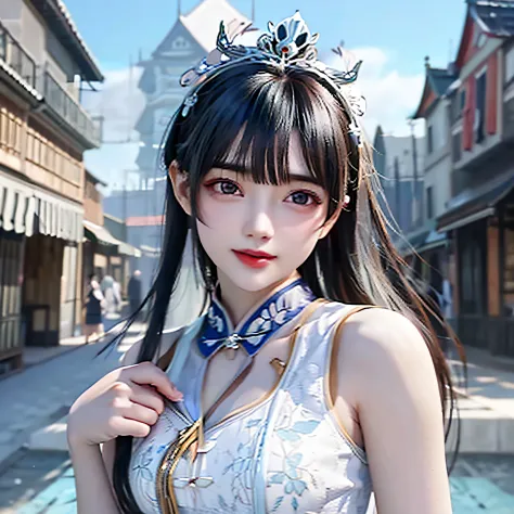 There was a woman in a blue dress，Wear a tie, Palace ， A girl in Hanfu, a beautiful fantasy empress, gorgeous chinese models, Ch...