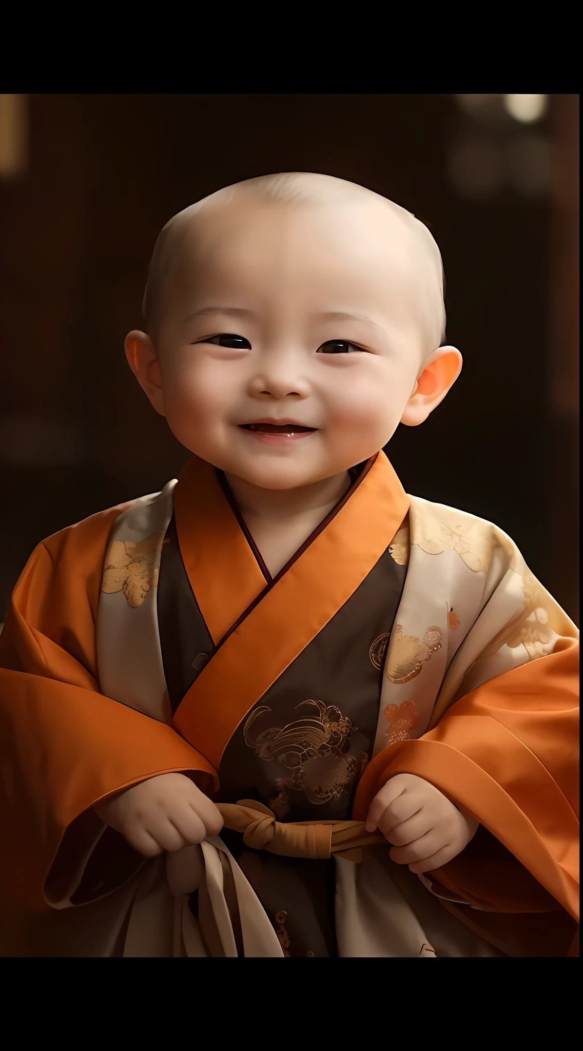 ローブを着た笑顔の赤ちゃんの接写, 素敵なデジタル絵画, 僧侶の服, 無邪気な笑顔, かわいい男の子, ワン愛らしい韓国の顔, 少し恥ずかしそうな笑顔, 穏やかな笑顔, 古代日本の僧侶, 幸せな表情で, 古代中国の服を着る, 中国の伝統的な, 彼は幸せだ, 中国の伝統衣装, 美しくて笑顔, 高品質のポートレート, 可愛い笑顔