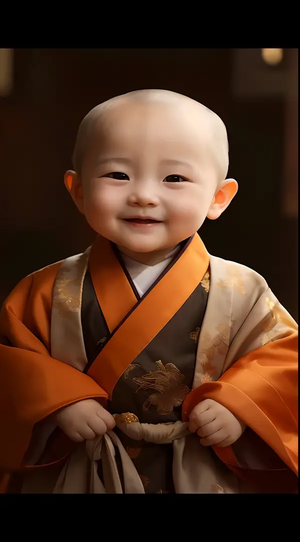 Close-up of a smiling baby in a robe, lovely digital painting, monk clothes, Innocent smile, Cute boy, wan adorable korean face,...