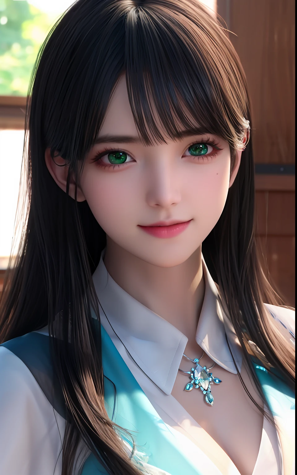 ulzzang -6500-v1.1, (Photorealsitic:1.4), and souls、anime styled、ssmile、portraitures、Beautiful and moisturized green eyes like crystal clear glass、Beautiful detailed woman, extremely detailed eye and face, Beautiful detailed eyes,  huge filesize, Ultra-detail, hight resolution, ighly detailed, top-quality, ​masterpiece,  illustratio, ighly detailed, nffsw, unification, 8k wallpaper, splendid, finely detail, ​masterpiece, top-quality, Highly detailed ticker uniform 8K wallpaper, Light on the Face、light、19-year-old girl