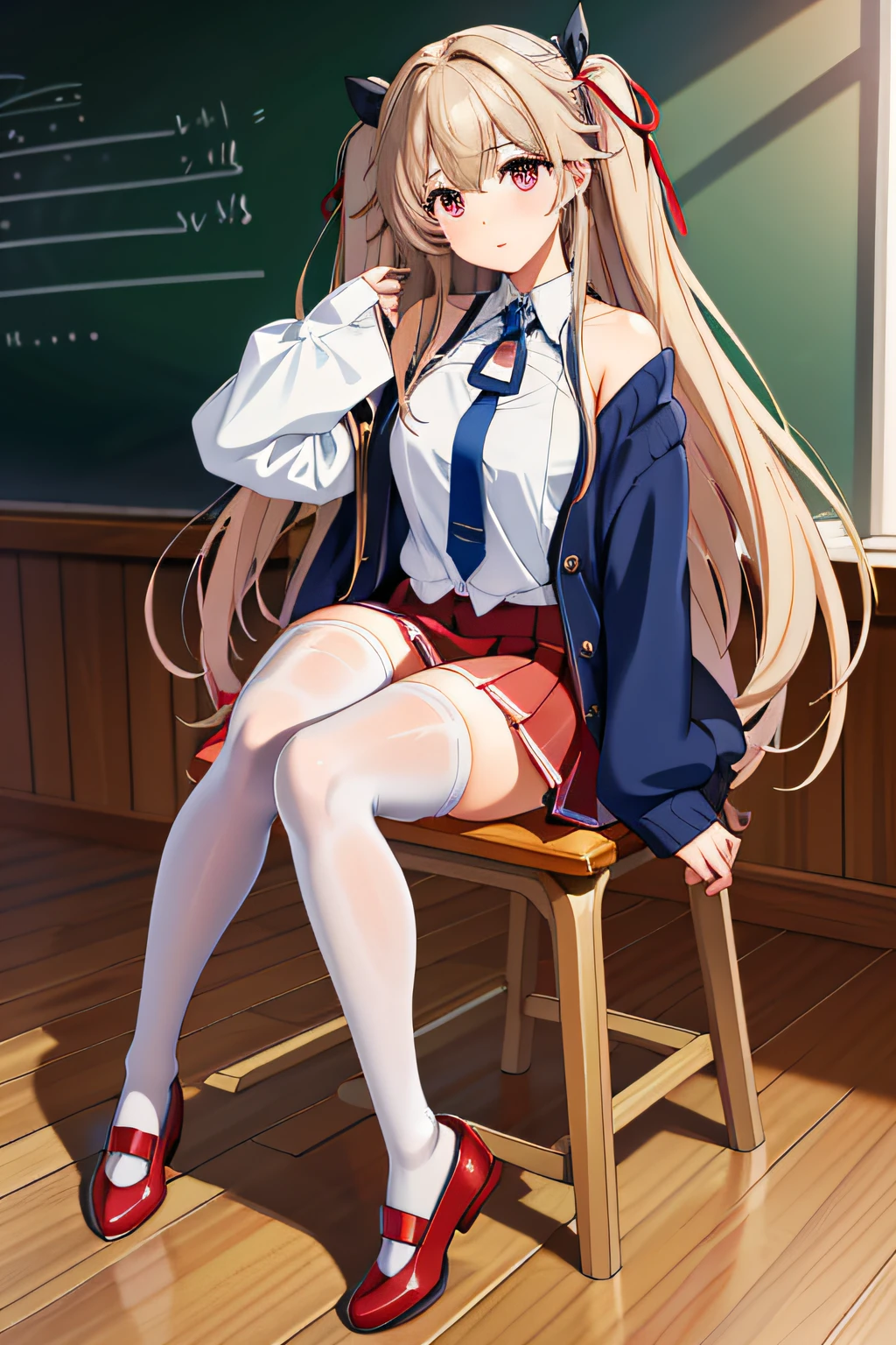 best quality masterpiece, AnchorageV4, 1girl, solo, looking at viewer, skirt, shirt, thighhighs, ribbon, sitting, , hair ribbon, white shirt, necktie, shoes, white thighhighs, official alternate costume, sleeves past wrists, red skirt, cardigan, desk, classroom, chalkboard, uwabaki, on desk,
