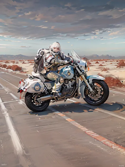 a space marine riding a motorcycle on a deserted road, his white motorcycle, super realistic, cinematc, 16k. it's just a space m...