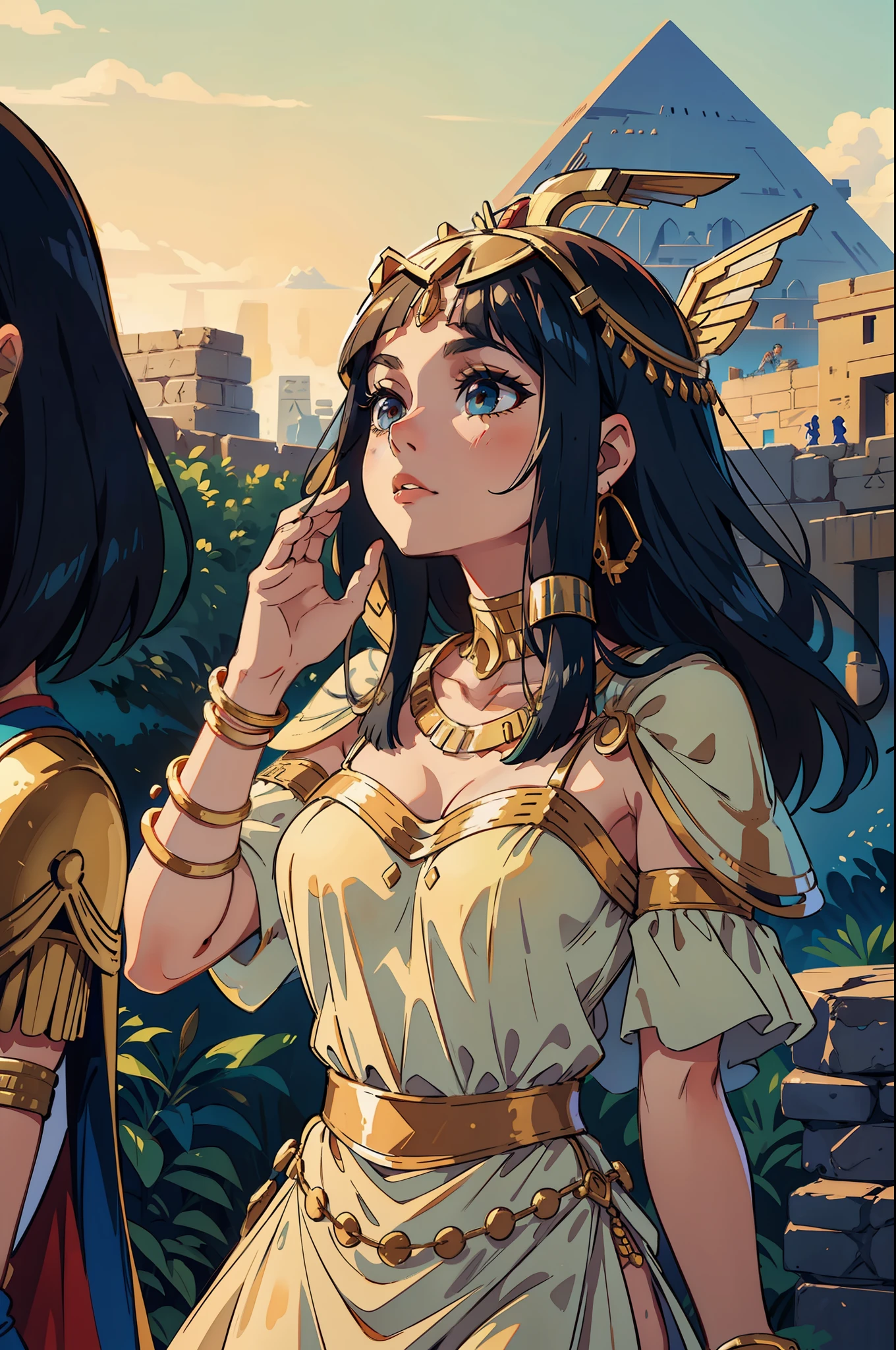 "Cleopatra engaging in a profound conversation with a captivated crowd of Egyptians, encircled by their undivided attention, as the majestic pyramids stand tall in the enchanting background."