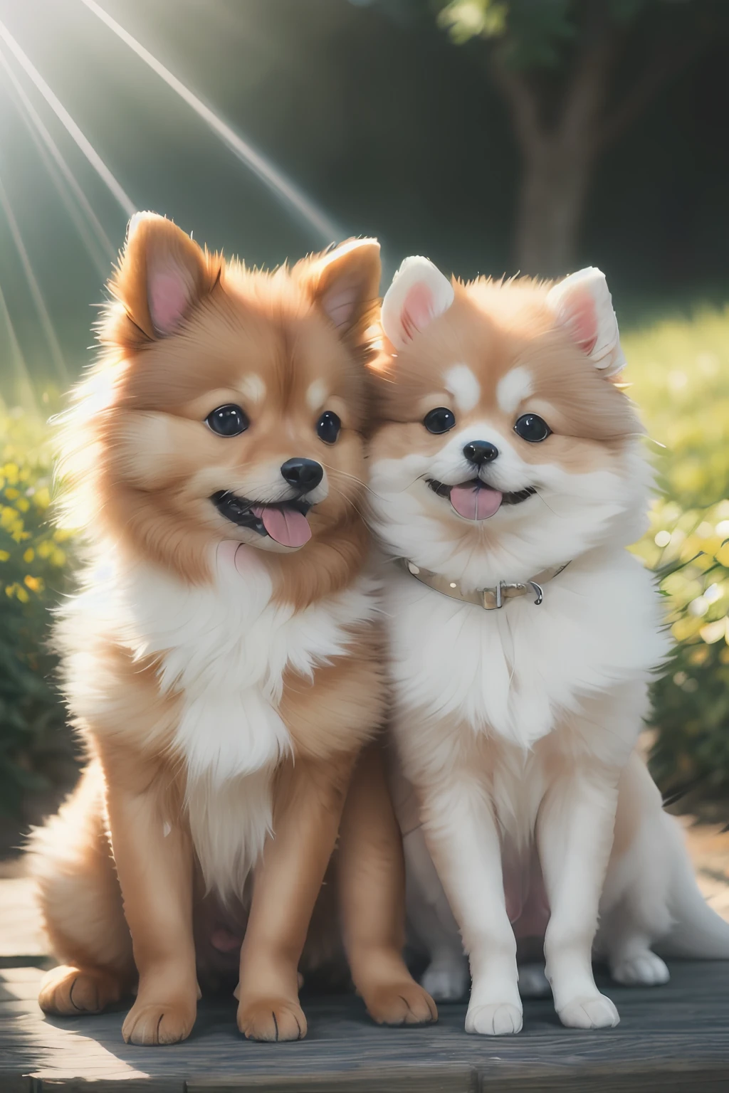 (2 girls:1.2) , 1 pomeranian puppy, cute, outdoors, god rays,  kawaii, slice of life, studio ghibli, (masterpiece:1.2), (best quality:1.2), Amazing, highly detailed, beautiful, finely detail, Depth of field, extremely detailed CG unity 8k wallpaper,