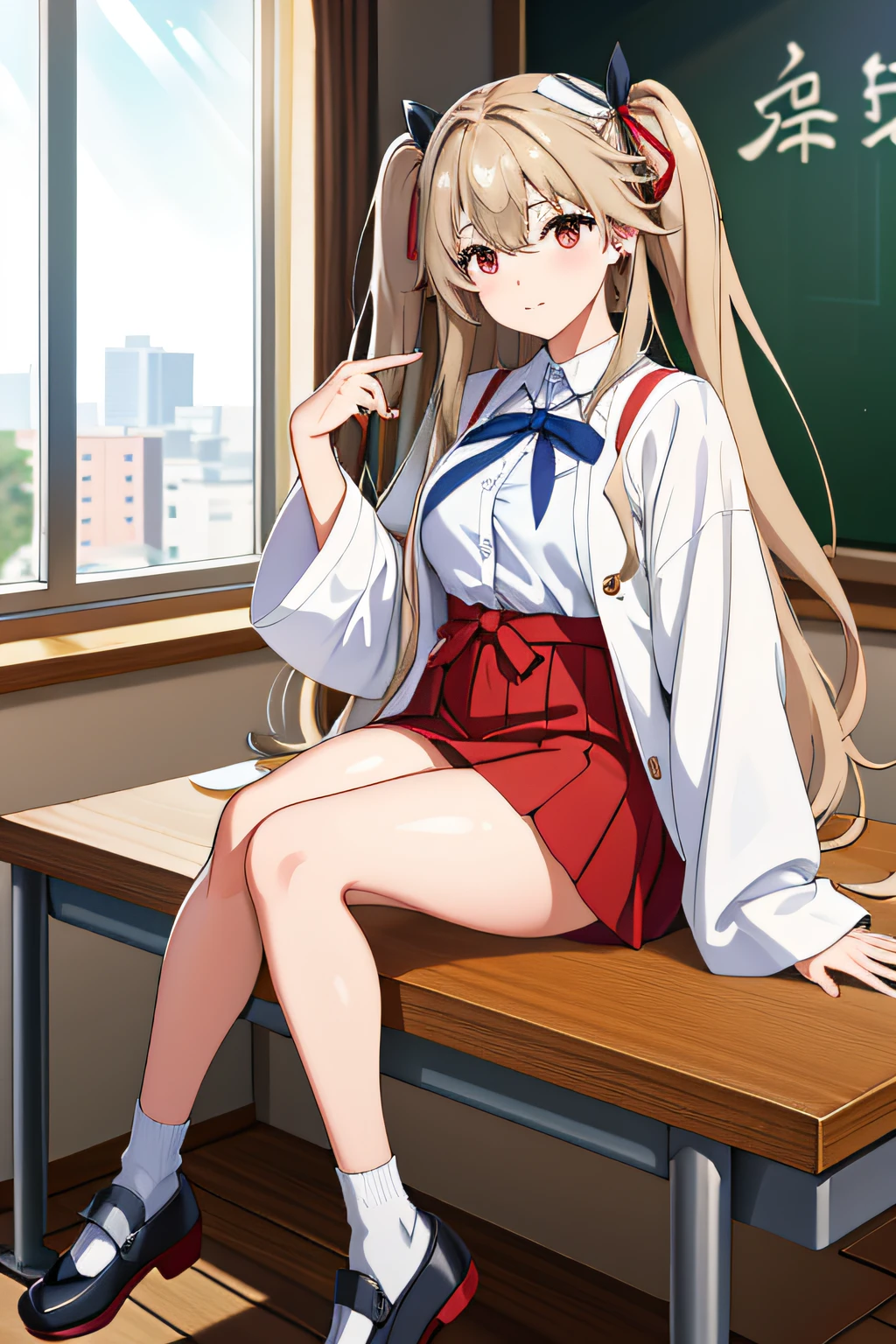 the best quality masterpiece， Anchorage V4， 1girll， 独奏， looking at viewert， a skirt， The shirt， upper legs， ribbons， Sat down， 校服， tress ribbon， white  shirt， tiese， shoe， white thighhig， Official alternating costumes， Sleeve over wrist， Red skirt， Cardigan， Study desk， ‎Classroom， blackboards， Umami Sugi， On a table，