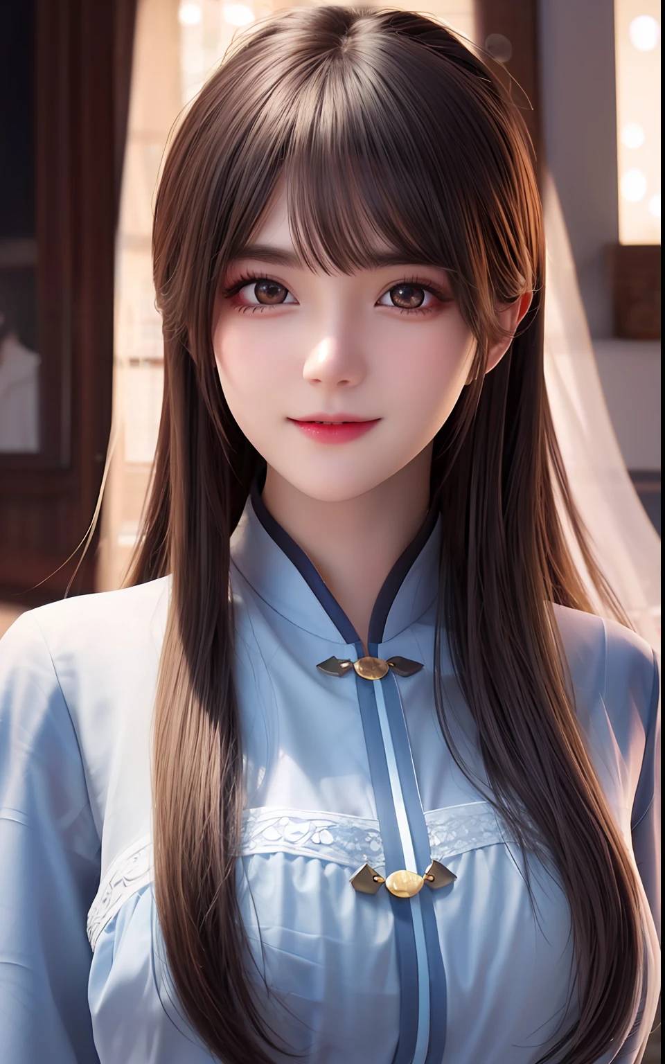 ulzzang -6500-v1.1, (Photorealsitic:1.4), and souls、anime styled、ssmile、portraitures、Beautiful, Moist pink eyes like crystal clear glass、Beautiful detailed woman, extremely detailed eye and face, Beautiful detailed eyes,  huge filesize, Ultra-detail, hight resolution, ighly detailed, top-quality, ​masterpiece,  illustratio, ighly detailed, nffsw, unification, 8k wallpaper, splendid, finely detail, ​masterpiece, top-quality, Highly detailed ticker uniform 8K wallpaper, Light on the Face、light、19-year-old girl