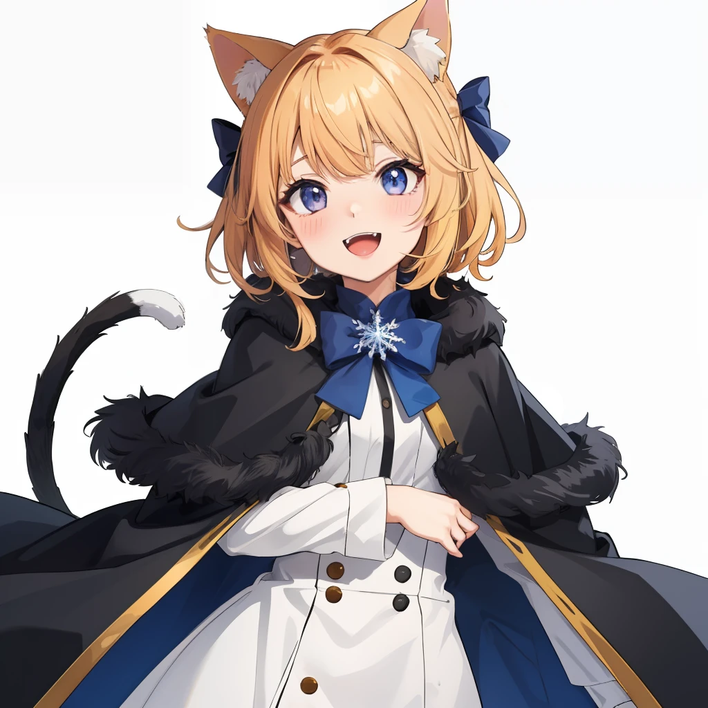 1girl in、frontage、The whole body seen from the front、standing up、upright immovable、Standing、bare-legged、Bare legged、Golden hair、a blond、yellow  hair、Nhatasha Nyana、Virtual YouTuber、animal ear、Cat's ears、parka、a smile、a purple eye、Fur trim、looking at the viewers、Cat girl、Capelet、bangss、独奏、animal ear fluff、hair between eye、the bow、open open mouth、Hood clothing、Black bow、red blush、Medium hair、Dresses trimmed with fur、Hiding your mouth with a scarf、long-sleeve、tusk、a blue dress、:d、frilld, Fur-trimmed sleeves, coat, shorth hair, snowflake, white backgrounid, a bow tie, Fangs of the skin, buttoning, simple background, frilly dress, blue eyess, Cat's tail, eye lashes, Black bow tie