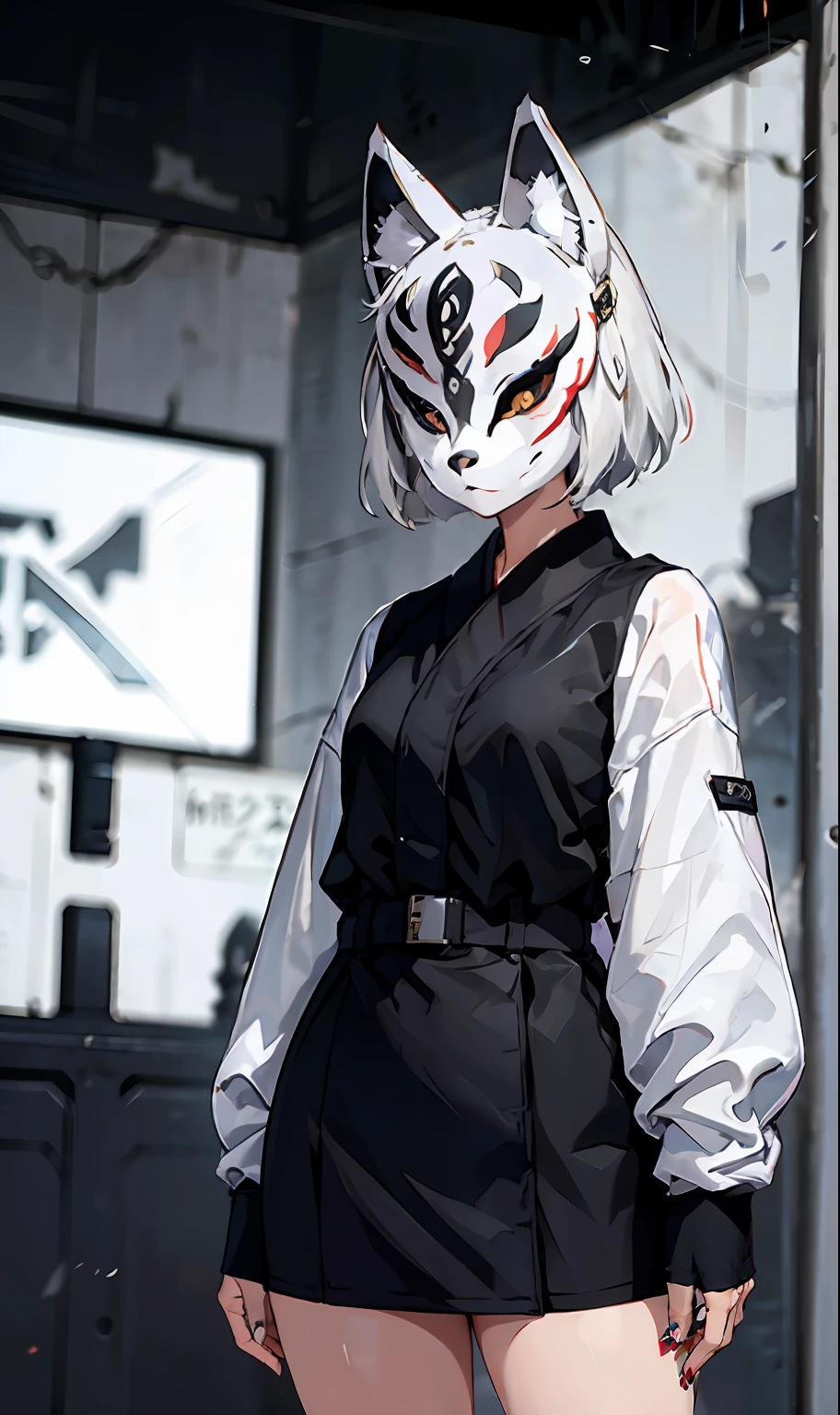 Fox mask Person wearing fox mask on face, black briefskirt, white shirt