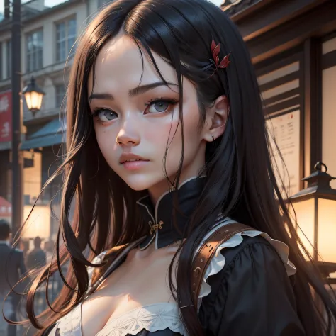 tmasterpiece, beste-Qualit, A girl with soft features, with a menacing expression of emotion, close-up of a man with a face and head, height is 170 cm, and the weight is 45 kg. light skin, Long black hair and brown eyes, The character that hides under the ...