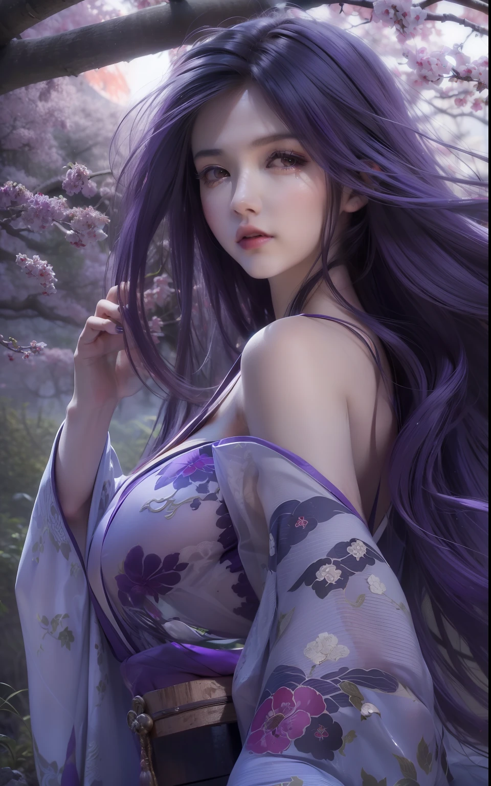 best quality, masterpiece, ultra high res,(photo realistic:1.4),adult beauty woman, full body, extra long hair, (purple hair:1.3), huge breasts, (japanese deep purple kimono:1.3), (raw feet:1.3), (bare shoulders:1.1), (see through:1.2) sexy pose, standing, cherry trees, mid night, moonlight, wind, reaching out, dynamic angle, dynamic pose