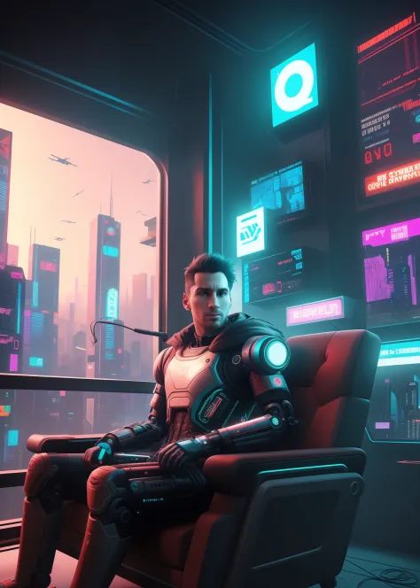 a professional photo of Lionel Messi sitting in an armchair, wearing a cybernetic suit with cyborg enhancements, looking into the camera, focusing on his face, realistic, dsrl, canon, sony
 deeper into the metaverse we go, it has cyberpunk style, cyberpunk...