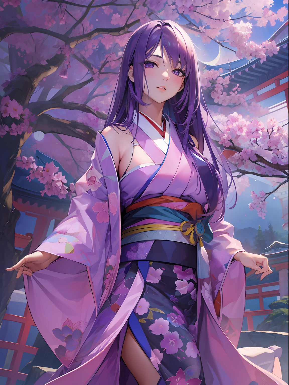 Best Quality, (Extremely detailed: 1.5), masutepiece, 超A high resolution,(photographrealistic:1.4),Adult beauty woman, Full body, Extra Long Straight Hair, (Purple hair:1.3), Huge breasts, (Kimono with deep purple floral pattern in Japan:1.3), (Raw feet:1.3), (Bare shoulders:1.1), (see through:1.3) ,Ultra Micro Mini Skirt, Sexy Pose, Standing, cherry trees, mid night, Moonlight, Wind, Dynamic Angle, Dynamic Pose,(cloaks:1.1), Cameltoe, armor