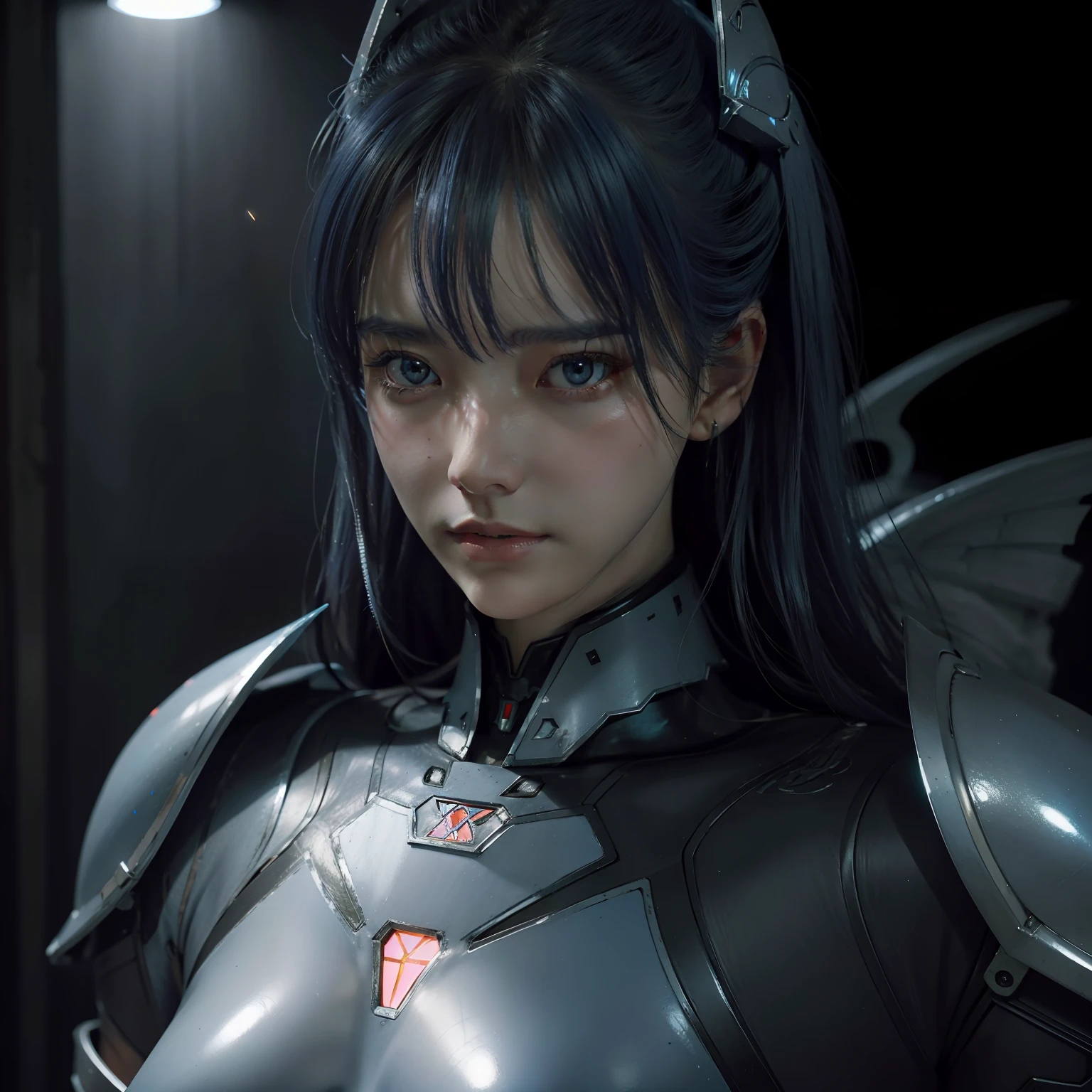 对称！Close up portrait of demon angel model girl，Stylish robot armor，A sparkling blue-blue gemstone is set on the chest，Strong studio lighting，Gerard Brom, Mikhail Vrubel, Peter Elson, hight contrast, pastelcolor, extremy detailed, mirrors, ArtStation Trends, 8 k