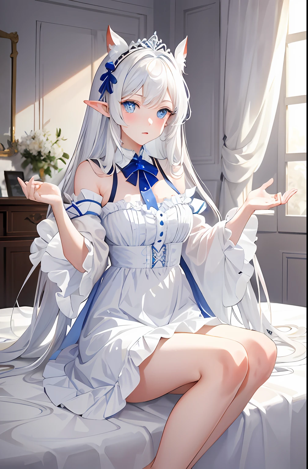 tmasterpiece，Superb image quality，top Quority，Lazy wind，wide blue eyes，White hair，Dull hair，Beast-eared maiden，White tones，sitted，1girll，Solo，adolable，a blue dress，Big hazy eyes，Facial details are exquisite，Beth，onbed，Impeccable，Cute pose，Exquisite clothing，Delicate tiara