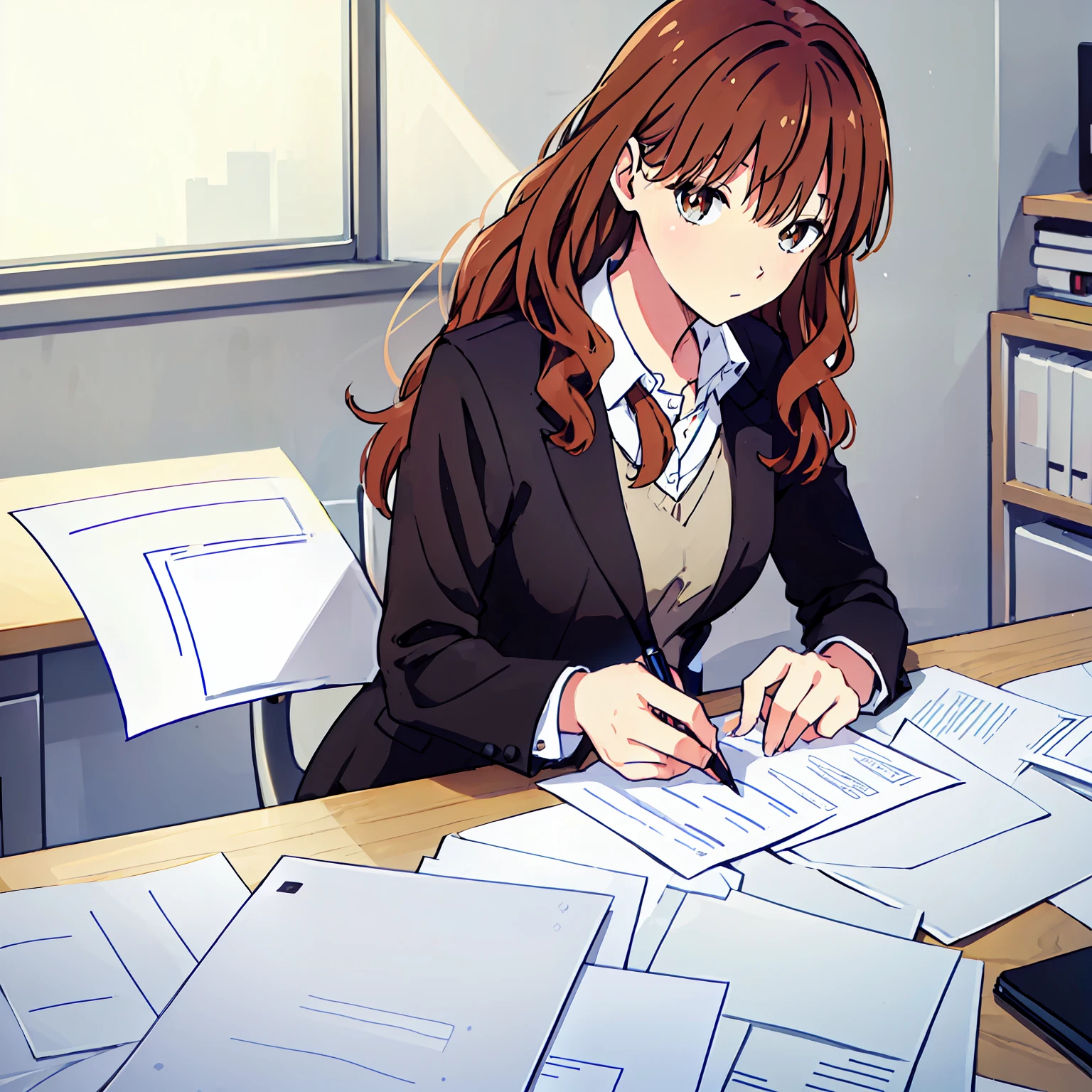 1 girl, long hair, brown hair, wavy upper-back length, brown eyes, black blazer, grey blouse, white pantyhouse, inside office, on top office desk, computer, smartphone, printers, papers, hold a pen in right hand