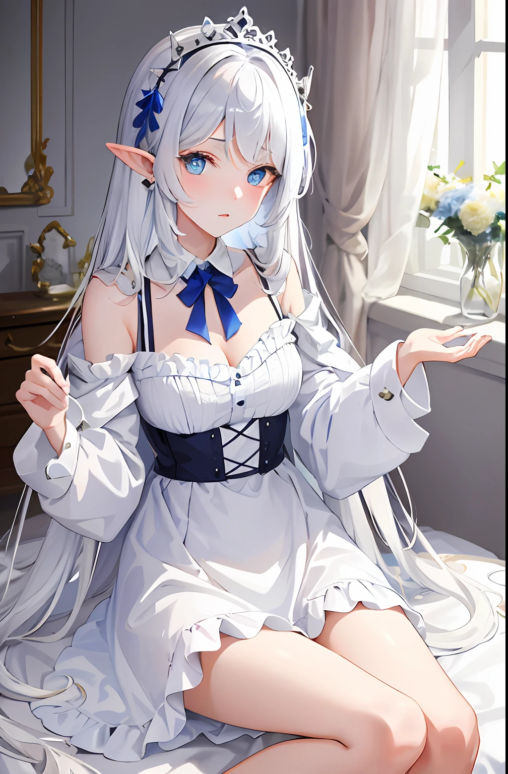 tmasterpiece，Superb image quality，top Quority，Lazy wind，wide blue eyes，White hair，Dull hair，Beast-eared maiden，White tones，sitted，1girll，Solo，adolable，a blue dress，Big hazy eyes，Facial details are exquisite，Beth，onbed，Impeccable，Cute pose，Exquisite clothing，Delicate tiara