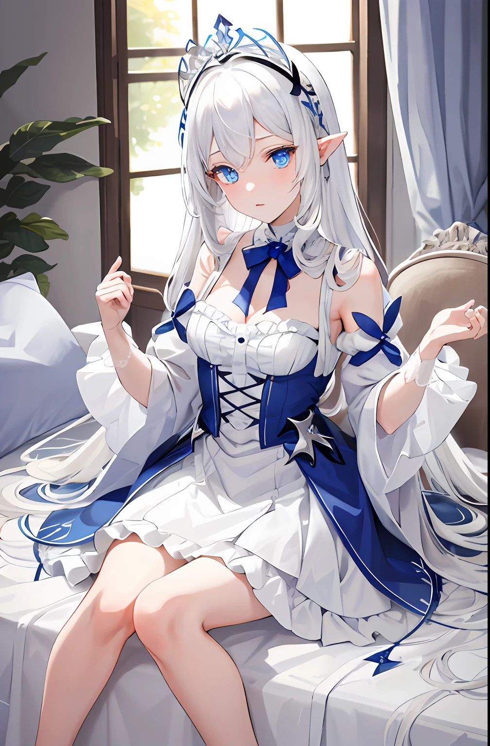 tmasterpiece，Superb image quality，top Quority，Lazy wind，wide blue eyes，White hair，Dull hair，Beast-eared maiden，White tones，sitted，1girll，Solo，adolable，a blue dress，Big hazy eyes，Facial details are exquisite，Beth，onbed，Impeccable，Cute pose，Exquisite clothing，Delicate tiara