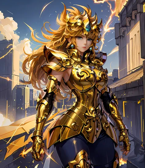 (masterpiece), (best quality), (1girl), girl in golden armor, cool pose, battle field background, fire background, saint seiya armor, messy hair