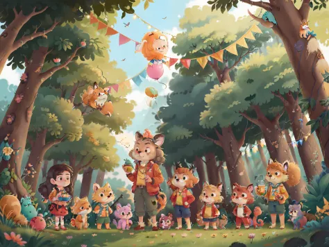Critters，various animals，sika deer，pussycat，red fox，monkeys，elephants，Ponyta，Standing on the podium，Holding colorful flags，Sky flowers and balloons，Animation style。k hd，Meet in the forest，Chengdu Universiade，Various sports。sport，sport，The animal has a meda...