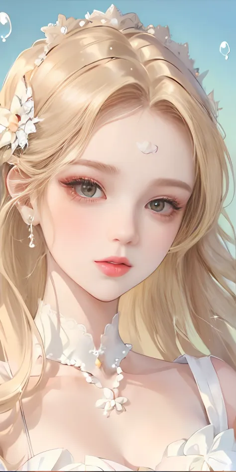 ((Masterpiece)), high quality, super detailed, blonde hair + white clothing: 1.2, sweet and delicate girl, bjd, lolita, delicate facial features, perfect figure, face with pearl decoration, surrounding bubbles, bright bright colors, romantic long hair, nat...