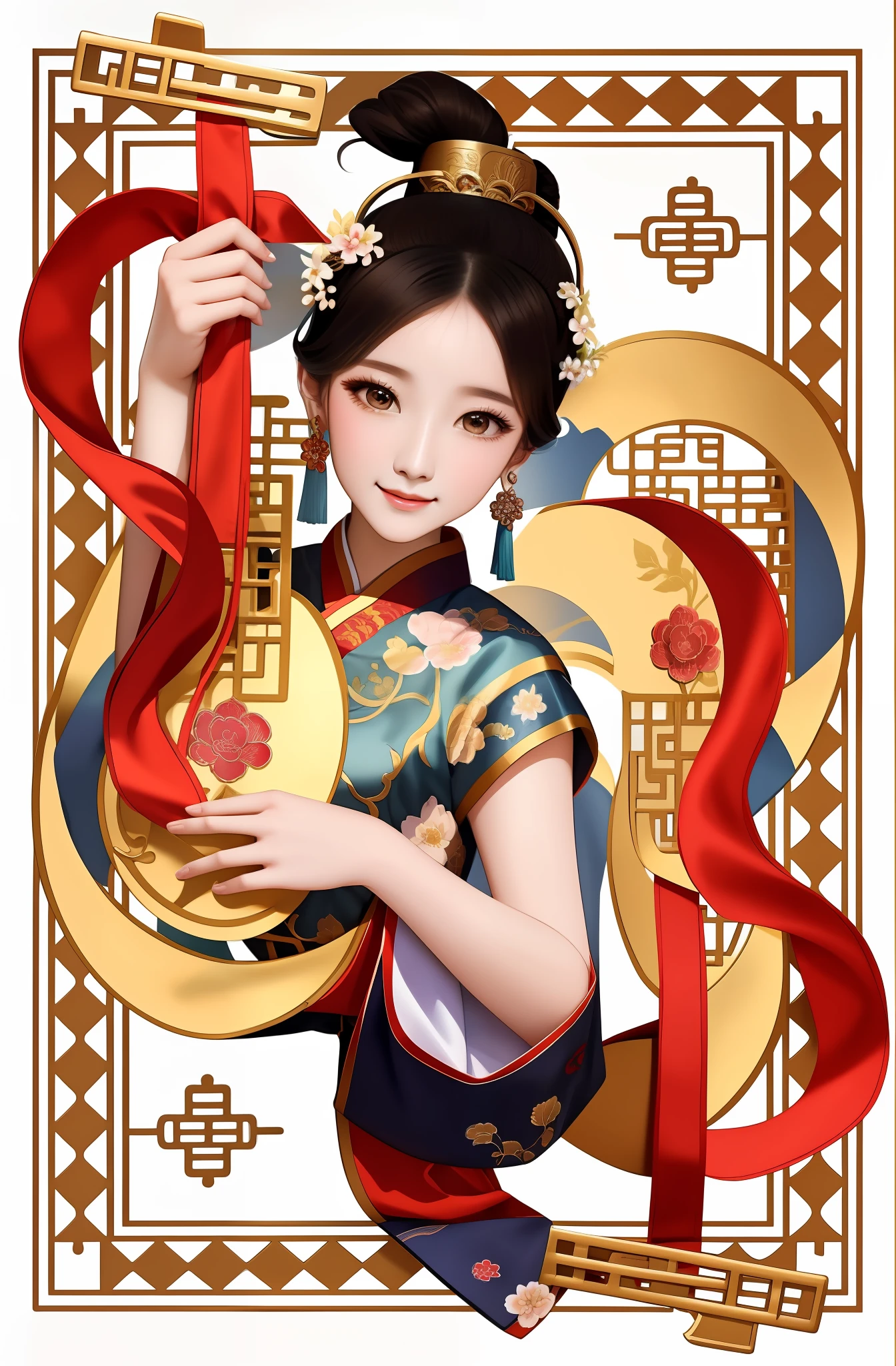 Nahaufnahme einer Frau, die ein Instrument hält, Palast ， mädchen in hanfu, Eine wunderschöne Kunstwerk-Illustration, alte chinesische Schönheit, inspiriert von Wu Bin, Alte chinesische Prinzessin, chinesisches Mädchen, Inspiriert von Song Maojin, alter chinesischer Kunststil, inspiriert von Gong Xian, Kunstwerke im Guviz-Stil, inspiriert von Park Hua