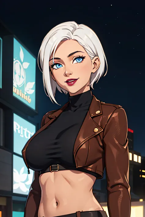 arcane style, 1girl, white hair, short hair, bright blue eyes, looking at viewer, night, city, midriff, dark lips, solo, standing, upper body, large breasts, turtleneck, tan leather jacket, underboob,shy smile