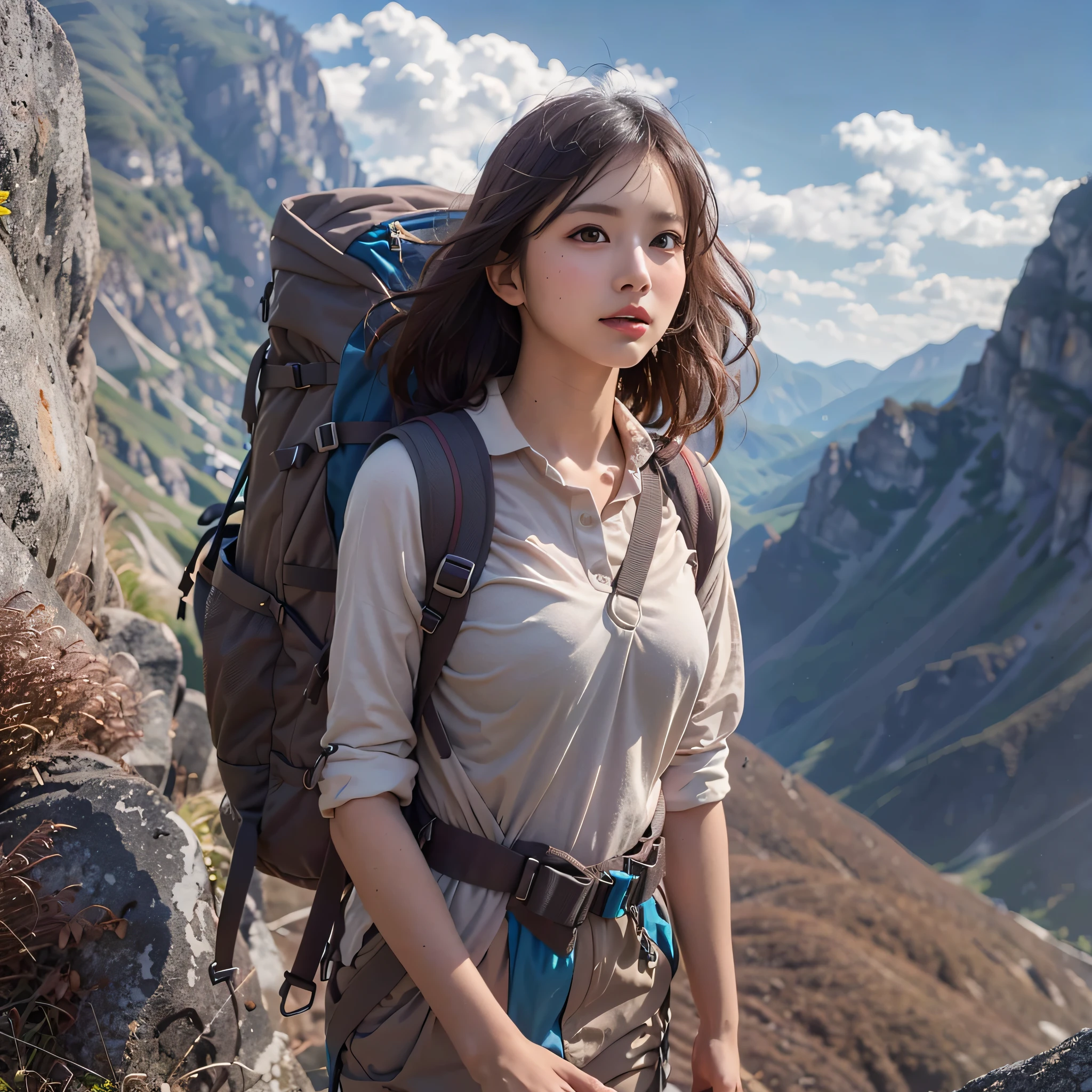 (Background, Magnificent mountain views, blue open sky, white clouds):1.3,  (medium hari, dark brown hair), (top-quality, Photorealsitic:1.4, masterpiece:1.3, RAW Photography:1.2, cinematric light, very detailed illustration), (1woman:1.3, solo), (T-shirt, Trekking Pants), (Carrying a backpack), (Walking along a mountain trail), (ultra delicate face, ultra Beautiful fece, ultra delicate eyes, ultra detailed nouse, ultra detailed mouth, ultra detailed facial features), petite woman, (medium breast:1.3), look up sky