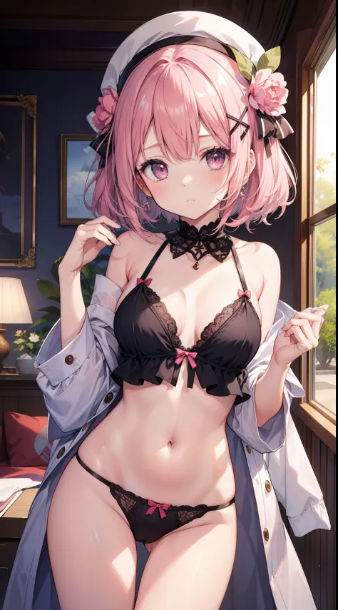 top-quality、Masterpiece、1girl in、in one's underwear only、Pink Lingerie、to close range、red blush、Kamimei、Staring at this、Cute anime illustration、