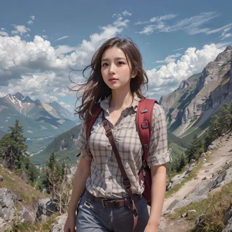 (Background, Magnificent mountain views, blue open sky, white clouds):1.3,  (medium hari, dark brown hair), (top-quality, Photor...