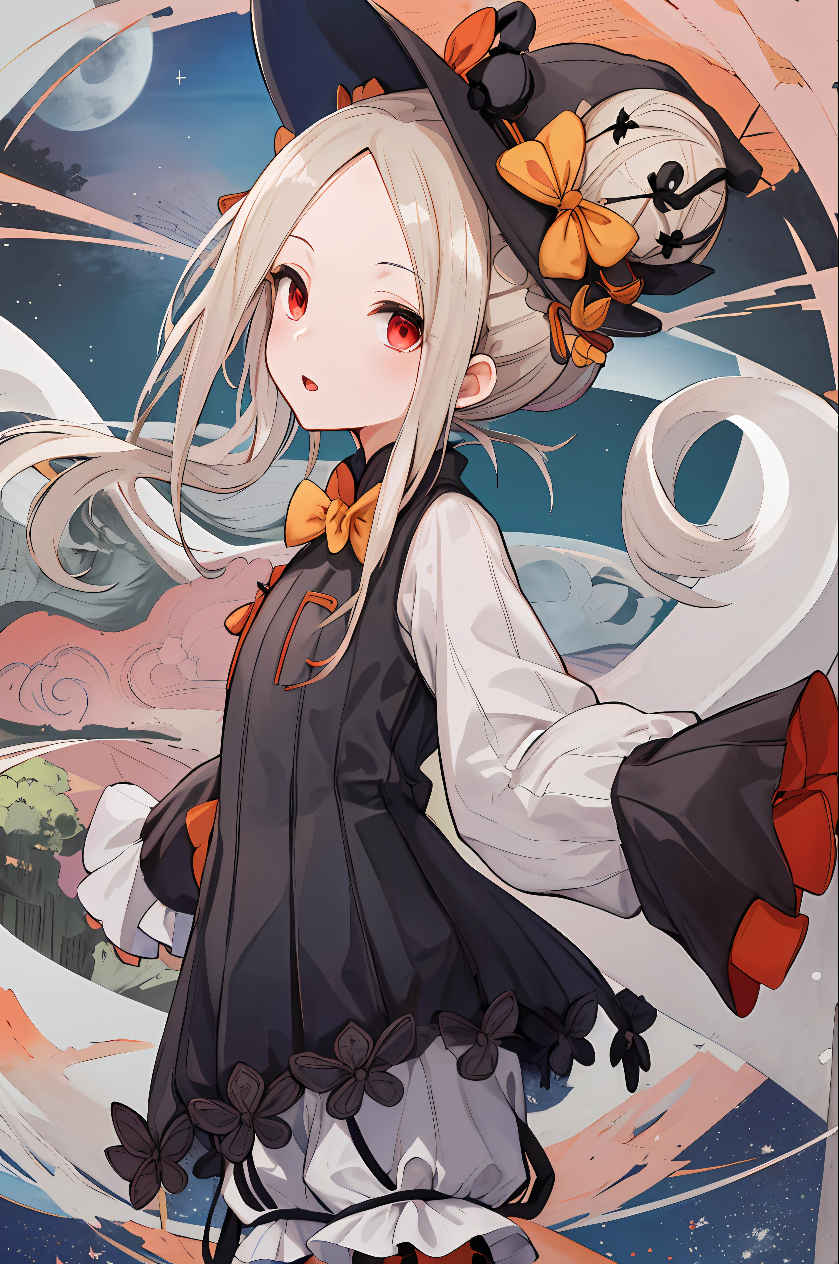 masterpiece, best quality, highres, Chinese Style, Ancient China, Ink Painting, hmaw1, double bun, hat, black dress, long sleeve, witch hat, black sleeves, white bloomers, happy, shocked, standing, city background, stuffed animal, moon, red eyes, shocked, starry sky