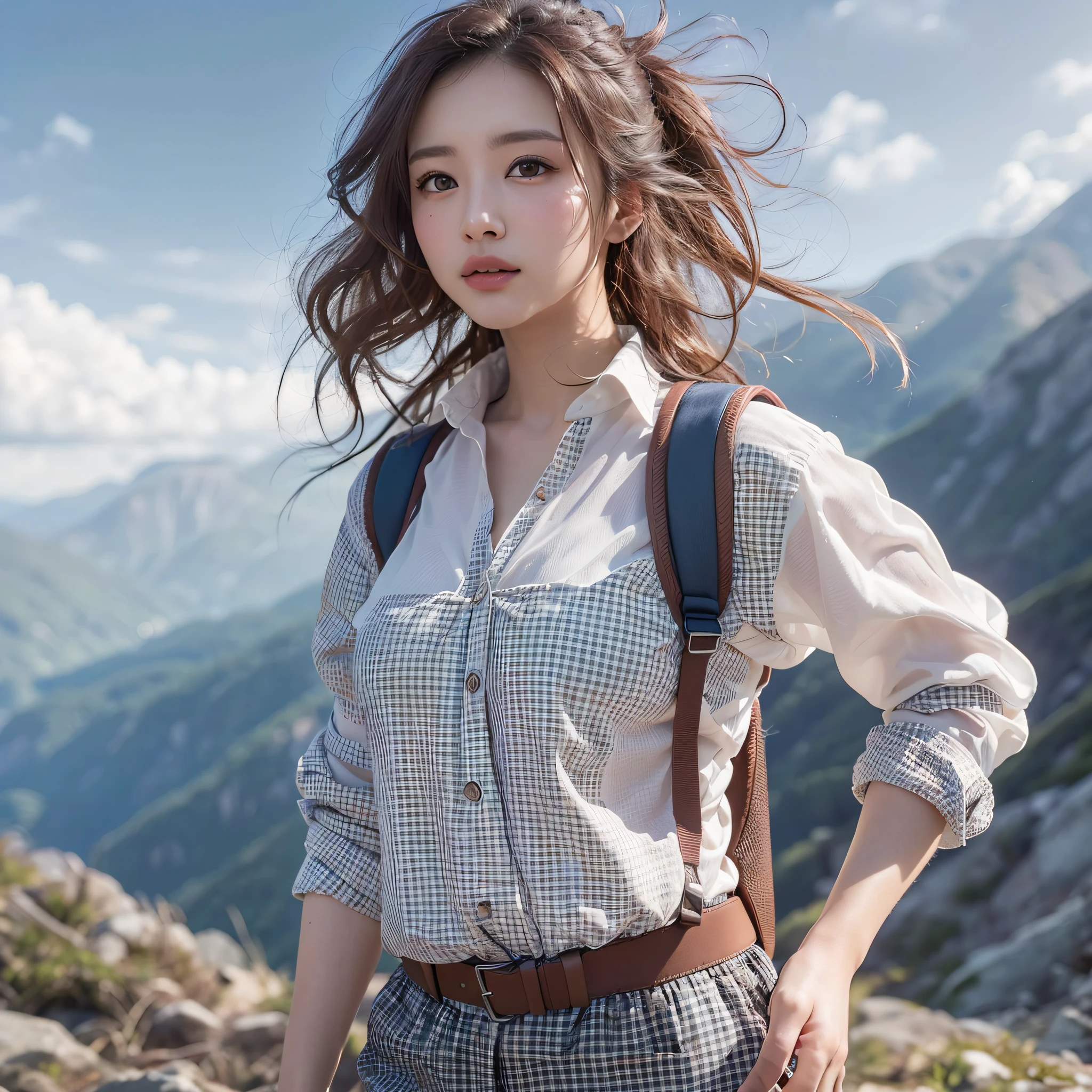 (Background, Magnificent mountain views, blue open sky, white clouds):1.3, (Morgenlut), (medium hari, dark brown hair), (top-quality, Photorealsitic:1.4, masterpiece:1.3, RAW Photography:1.2, cinematric light, very detailed illustration), (1woman:1.3, solo), (Black and white Gingham Check Shirt, Trekking Pants, Keep the hem of the shirt out), (Carrying a backpack), (Walking along a mountain trail), (ultra delicate face, ultra Beautiful fece, ultra delicate eyes, ultra detailed nouse, ultra detailed mouth, ultra detailed facial features), (medium breast:1.3)