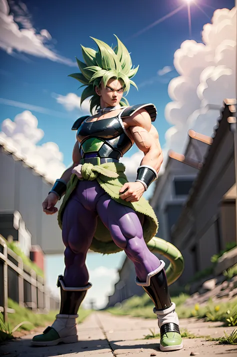 Broly from Dragon Ball Super, 1boy, closed mouth, male focus, muscular, muscular male, standing alone on Namek, sash, serious, s...