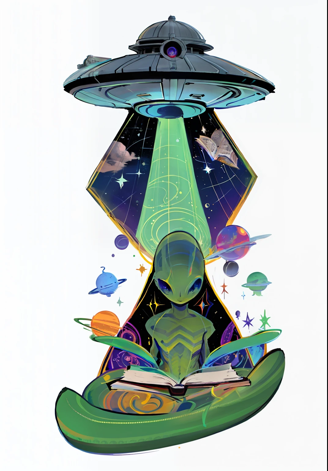 alien reading a book on a boat with a spaceship in the background, extraterrestrial paradise, galactic dmt entity, Space alien, dmt space behind, alien vibes, Universo Psychonaut, Reptilian space alien, alien design, Viagem DMT, Reino DMT, extraterrestrials reach for him, galactic deity, dmt visions