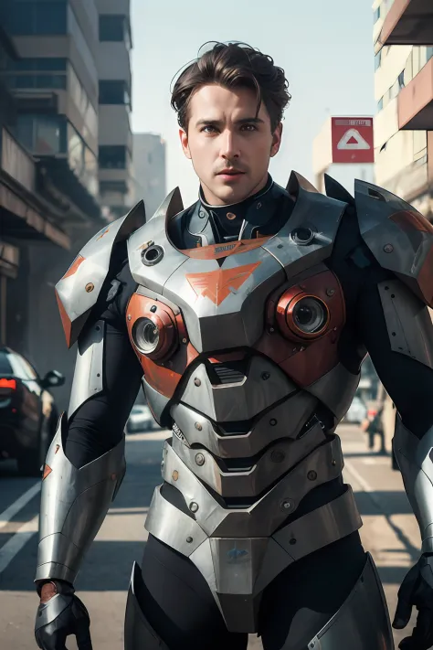 Portrait photo of an alpha male, perfect eyes, in a worn mecha suit, intricate, (steel metal [rust]), elegant, sharp focus, photo by greg rutkowski, soft lighting, vibrant colors, masterpiece, ((streets)), cowboy shot, dynamic pose,