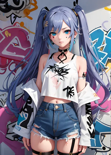 巨作, best quality, 1girl, 独奏, crop top, denim shorts, choker, (graffiti:1.5), paint spraying, arms behind the back, against the w...