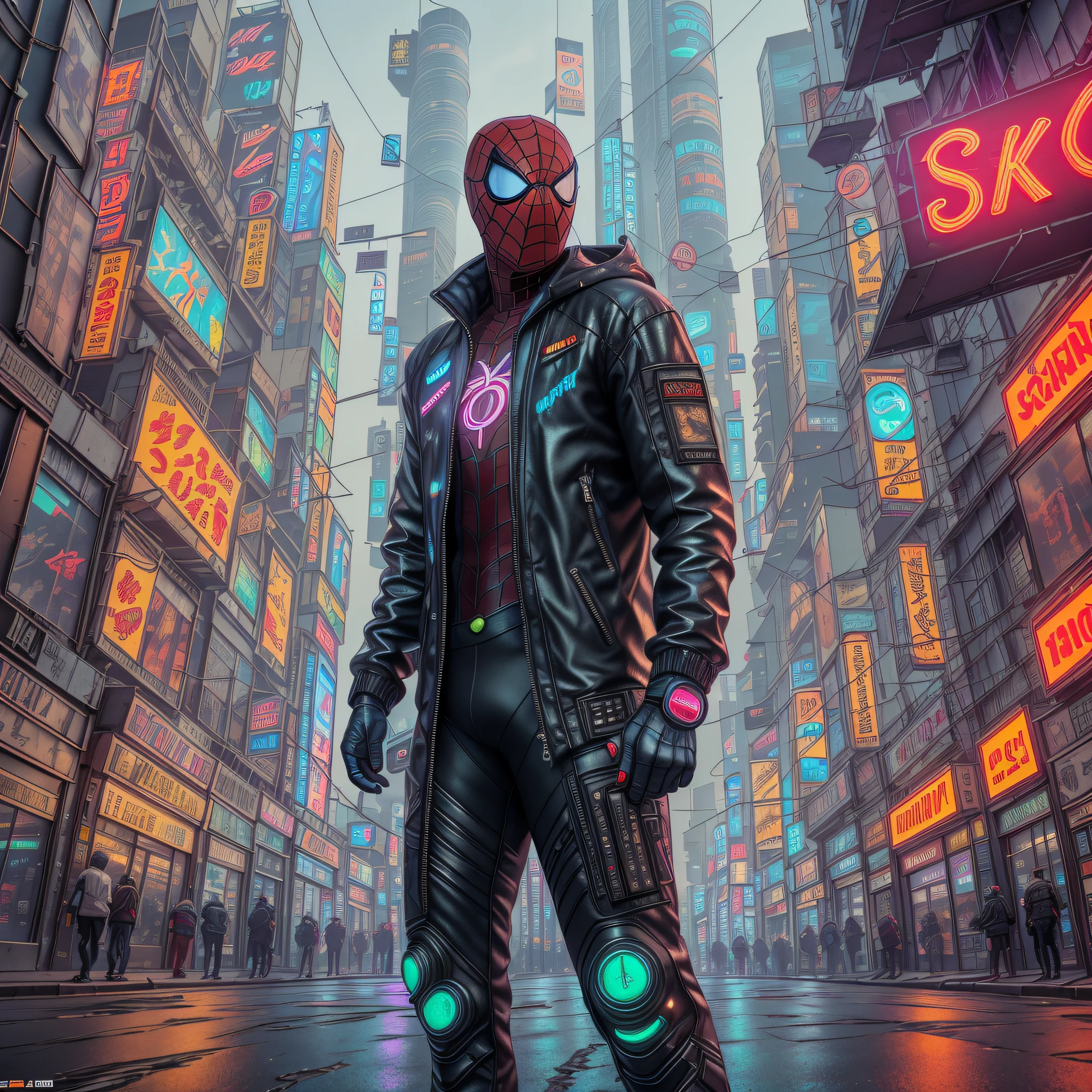 (8k, RAW-Foto, beste Qualität, Meisterwerk: 1.2), (fotorealistisch: 1.6) ,Eine wunderschöne Cyberpunk-Stadt, a cyberpunk Spider man with a cyberpunk coat,Neonlicht --auto --s2