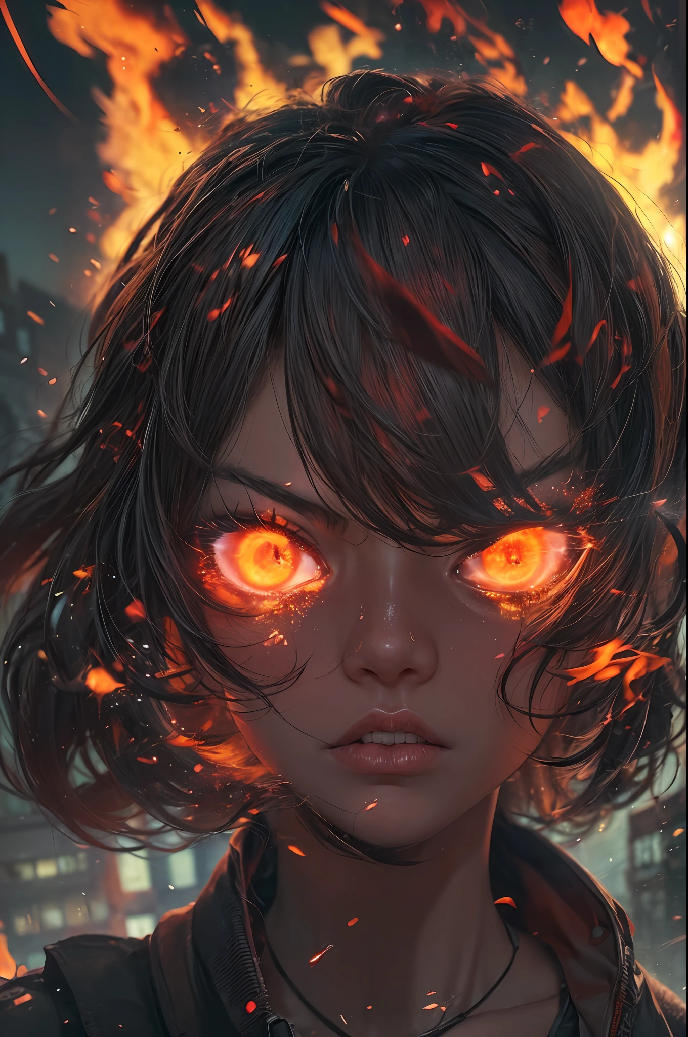 1girl with fire in her eyes, an angry close-up shot. Her eyes blaze like embers, seething with intensity. Glowing particles dance around her, enhancing the fiery aura. She stands defiant, a tempest brewing within. The background hints at a dystopian cityscape, abandoned buildings crumbling under an ominous crimson sky.

Scene's Environment: Tense urban ruins

Mood: Intense and defiant

Atmosphere: Menacing, with a sense of raw power

Lighting Effect: Harsh, dramatic lighting from burning fires and neon lights cast deep shadows, intensifying the mood. Glowing particles add an otherworldly feel.