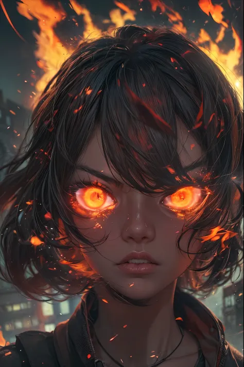 1girl with fire in her eyes, an angry close-up shot. Her eyes blaze like embers, seething with intensity. Glowing particles danc...