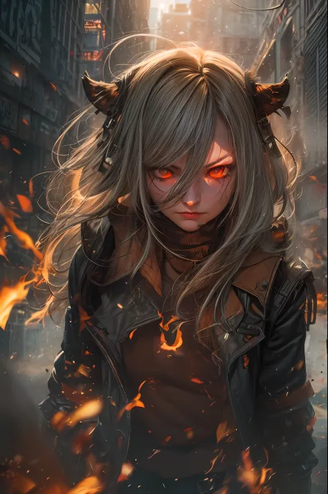 1girl with fire in her eyes, an angry close-up shot. Her eyes blaze like embers, seething with intensity. Glowing particles danc...