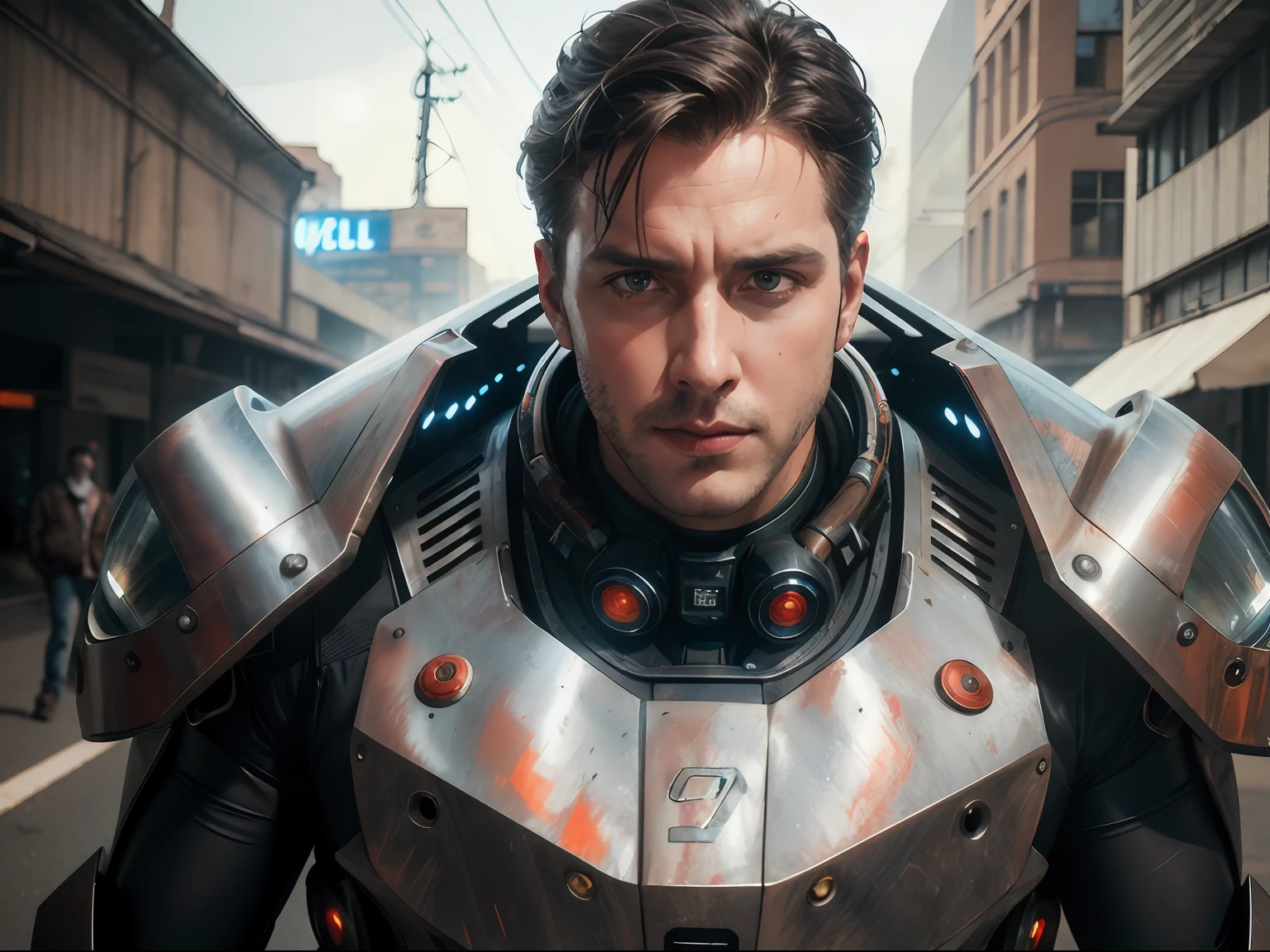 Portrait photo of an alpha male, perfect eyes, in a worn mecha suit, intricate, (steel metal [rust]), elegant, sharp focus, photo by greg rutkowski, soft lighting, vibrant colors, masterpiece, ((streets)), cowboy shot, dynamic pose,