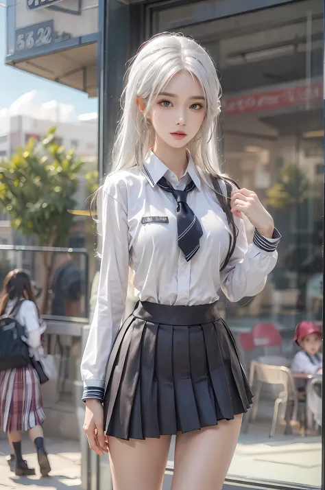 photorealistic, high resolution, 1 women, solo, hips up, look at viewer, (detailed face), white hair, long hair, school uniform,...