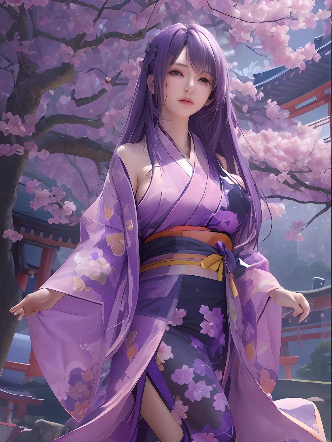 best quality, (extremely detailed: 1.5), masterpiece, ultra high res,(photo realistic:1.4),adult beauty woman, full body, extra long straight hair, asymmetrical bangs,(purple hair:1.3), huge breasts, (japanese deep purple floral pattern kimono:1.3), (raw feet:1.3), (bare shoulders:1.1), (see through:1.3) ,ultra micro miniskirt, sexy pose, standing, cherry trees, mid night, moonlight, wind, dynamic angle, dynamic pose,(cloaks:1.1)