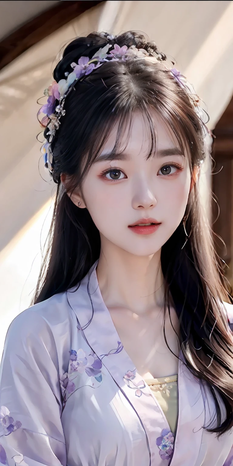 masterpiece, black_hair, 1 girl, looking at the audience, long_hair, nail_polish, solo, ancient art, Chinese,(8k, best quality, masterpiece:1.2), (realistic, realistic:1.2), (background sky: 1.2), (face close-up: 1.7), looking at the audience, hanfu, 1girl, (purple flower pine ink: 1.1), face close-up, detailed face, hanfu, song, long shan, pleated skirt，cinematic lighting, motion blur, ray tracing, god rays, bloom, drop shadow, close-up, lens flare, UHD, masterpiece, ccurate, anatomically correct, textured skin, super detail, high details, high quality, award winning, best quality, highres, 16k, HD, face close-up, close-up, close-up, accurate, correct hand, (anatomically correct: 1.5),