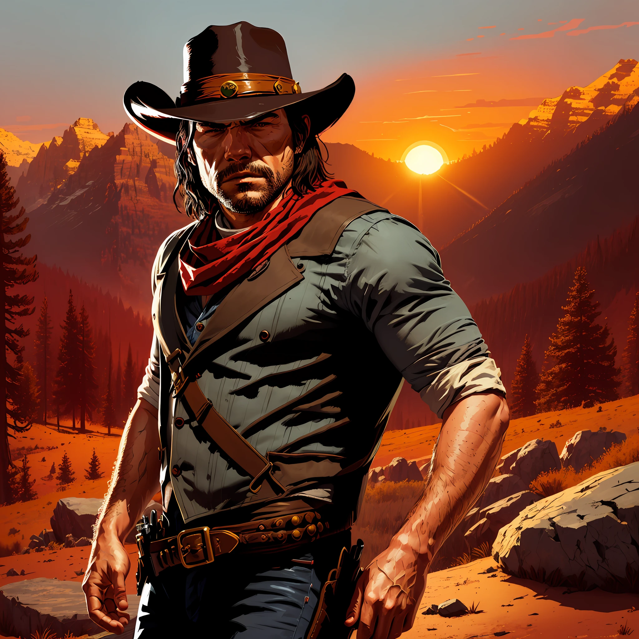 R3DD34Dstyle, digital portrait, john marston, cowboy hat, (Red bandana mask), shirt with spenders, laying on rocks in the high ground in the mountains, very sad, blue sky, early sunset, forest in the distance,