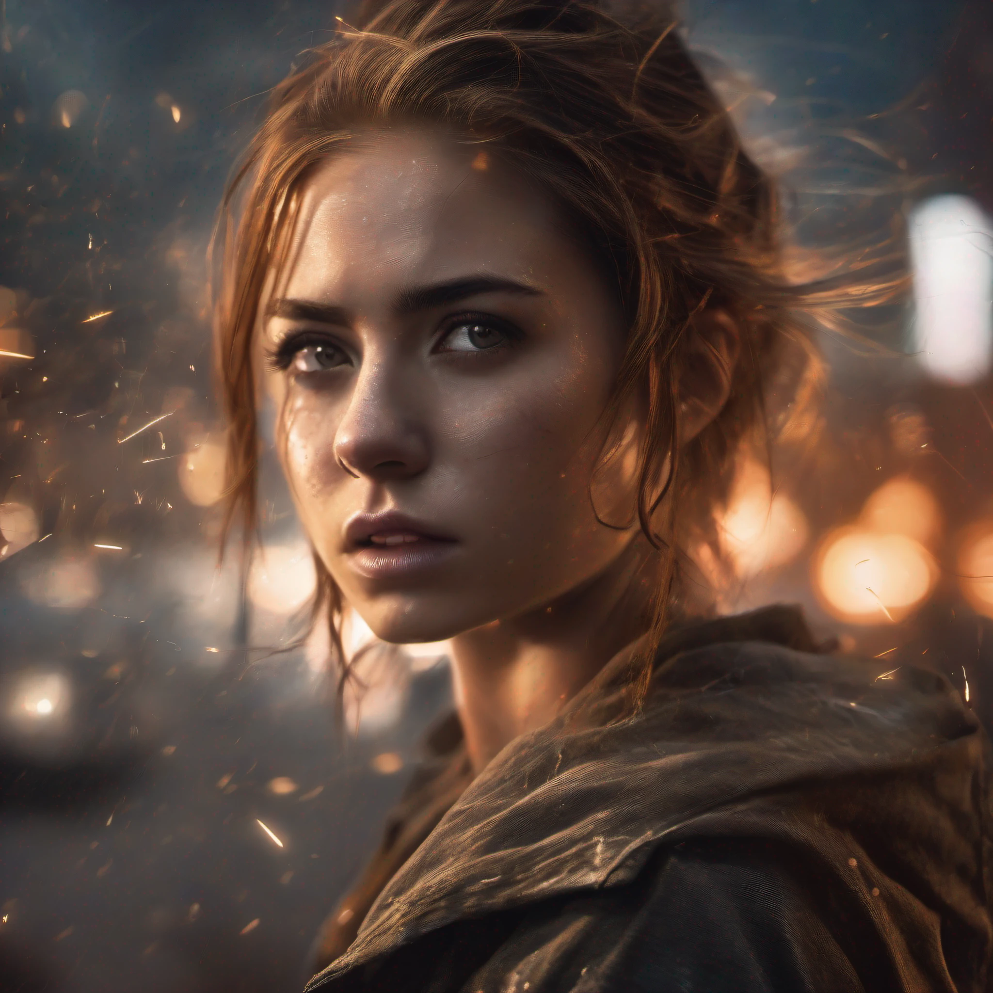 [1] = 1girl, fiercely determined, close up shot, stormy eyes, sparks flying / [2] = A close-up portrait of a determined young woman, her face contorted with determination, her eyes glowing with fiery intensity as sparks fly around her. / [3] = Set in a post-apocalyptic cityscape, dark and desolate, with remnants of a once bustling civilization. / [4] = The atmosphere is charged with tension and anticipation, as if a pivotal moment in a fierce battle is about to unfold. / [5] = Photography / [6] = Shot with a high-speed camera to capture the dynamic sparks, using a wide aperture lens to create a shallow depth of field and focus on the girl's intense expression.
