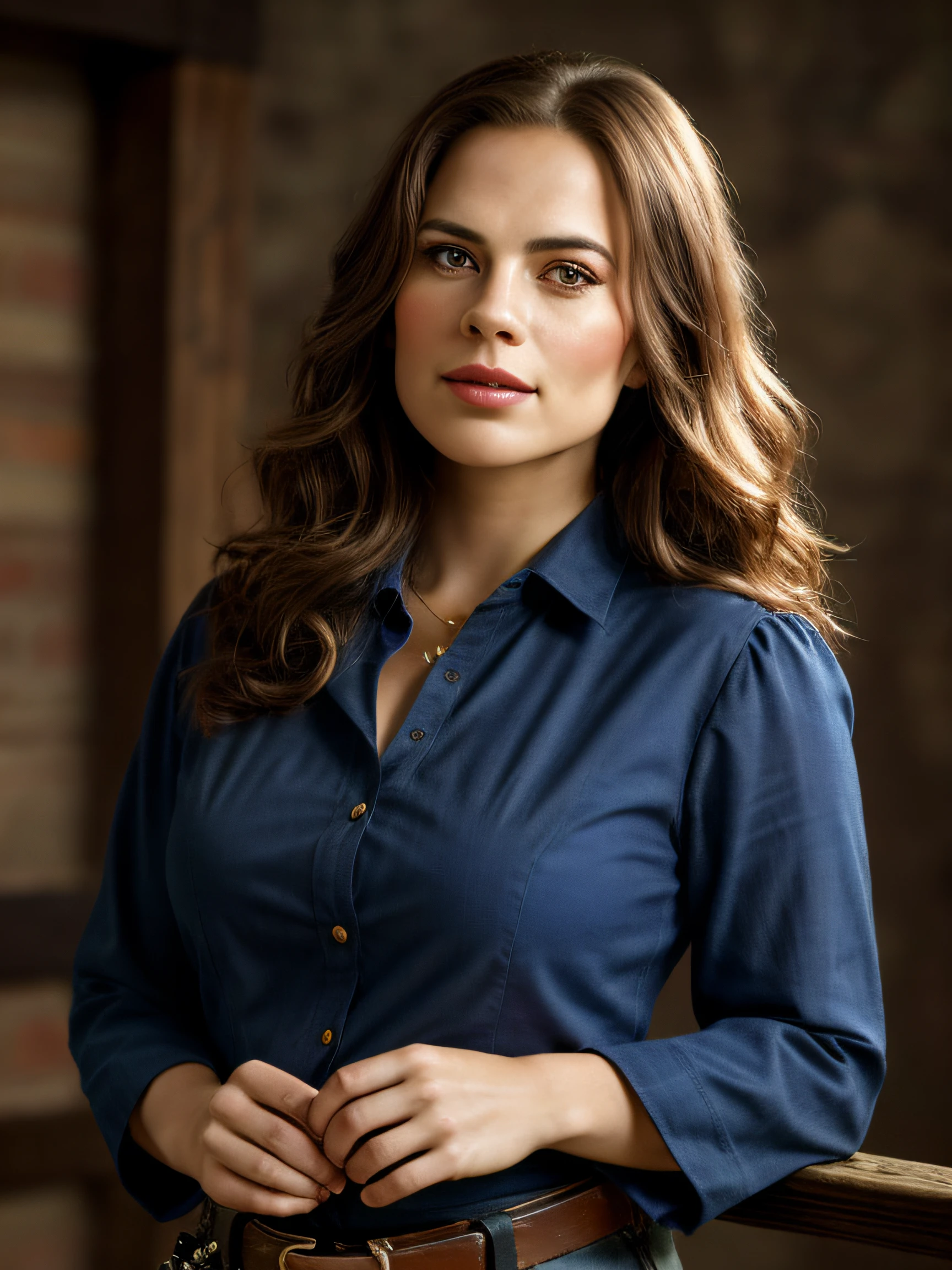 (Thirty year old) woman, standing beside a horse, dressed as an old western cowgirl, cowboy boots, long legs, dreamy photo, looking straight at camera, slight smile, full lips, pearl skin, old western, Wild West, monument valley, dusty, andre kohn, Canon, (Detailed features::1.2), real life. Hayley Atwell, intricate, 8k, highly detailed, (extremely detailed CG unity 8k wallpaper), ((square jaw)), (well defined jaw), (downturned lips), (detailed anatomy), Hyperrealistic full shot body image, trending on CGSociety, Intricate, High Detail, Sharp focus, dramatic, volumetric lighting, vibrant, warm colours, digital painting, intense, modelshoot style, (extremely detailed CG unity 8k wallpaper), full body photo, camera far away, wide angle, the most beautiful artwork in the world, professional majestic oil painting