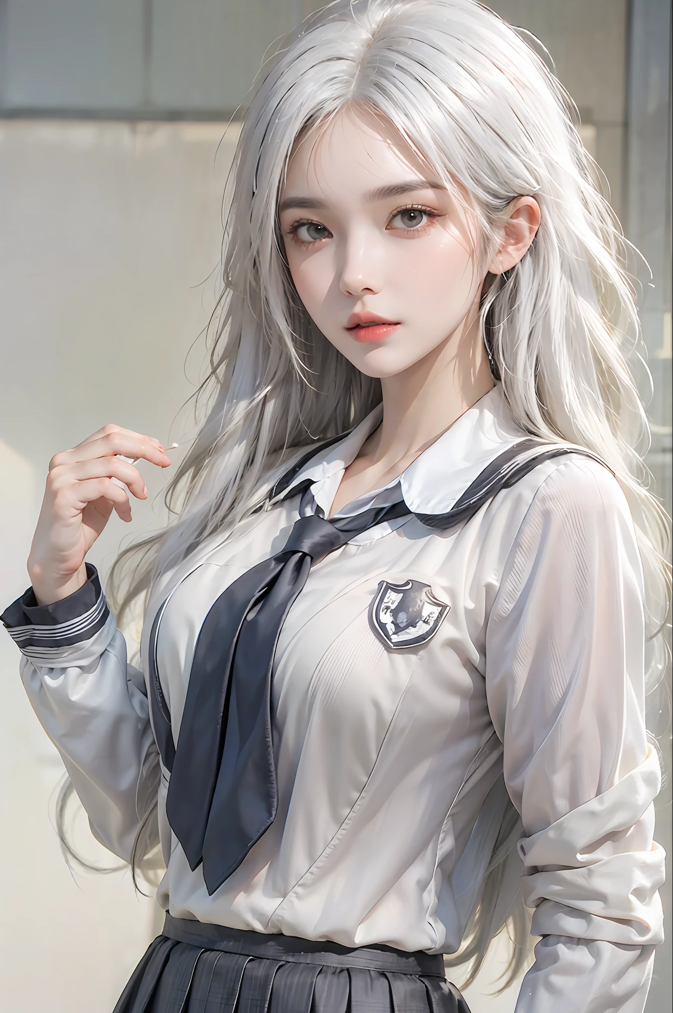 photorealistic, high resolution, 1 women, solo, hips up, look at viewer, (detailed face), white hair, long hair, school uniform, skirt