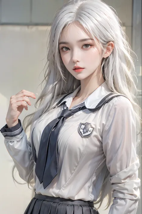 photorealistic, high resolution, 1 women, solo, hips up, look at viewer, (detailed face), white hair, long hair, school uniform,...