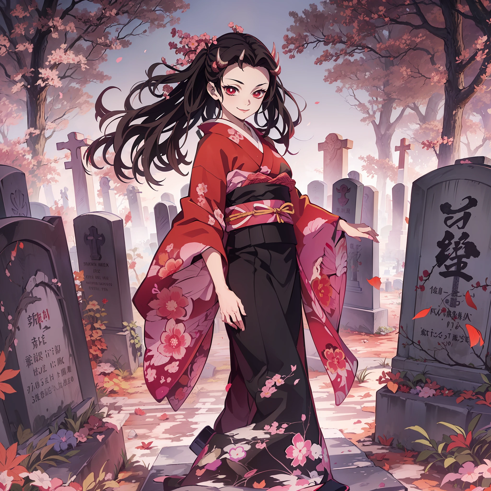(masterpiece, best quality:1.2), kimetsu no yaiba style, kamado nezuko, (1girl, solo), 18years old, black wave hair, (red demon horns, red eyes), pink kimono, evil smile, from side, (in the cemetery, Japanese style tombstone), look at tombstone
